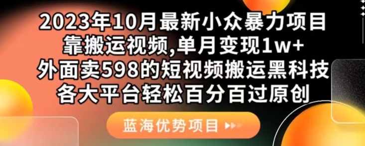 （5895期）2023年10月最新小众暴力项目，靠搬运视频,单月变现1w+，外面卖598的短视频搬运黑科技，各大平台轻松百分百过原创 网赚项目 第1张