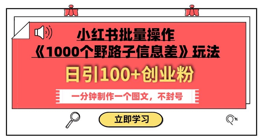 （6222期）小红书批量操作《1000个野路子信息差》玩法，一分钟制作一个图文，不封号，日引100+创业粉 新媒体 第1张