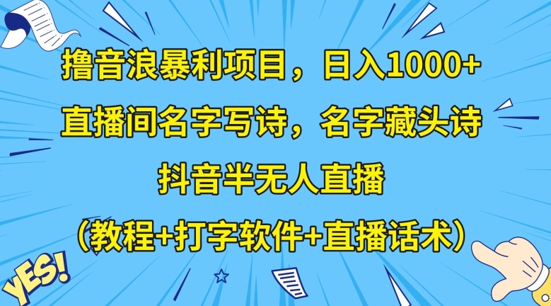 （6820期）撸音浪暴利项目，日入1000+，直播间名字写诗，名字藏头诗，抖音半无人直播（教程+打字软件+直播话术）【揭秘】 短视频运营 第1张