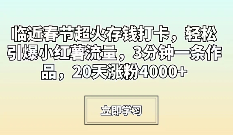 （7378期）临近春节超火存钱打卡，轻松引爆小红薯流量，3分钟一条作品，20天涨粉4000+ 网赚项目 第1张