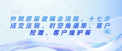 （10702期）外贸底层逻辑全流程，十七步成交法则、时空角逼单、客户挖潜、客户维护等