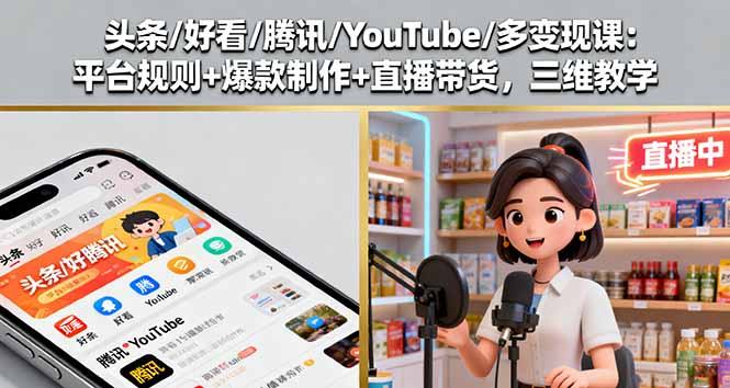 （11231期）头条/好看/腾讯/YouTube/多变现课：平台规则+爆款制作+直播带货，三维教学