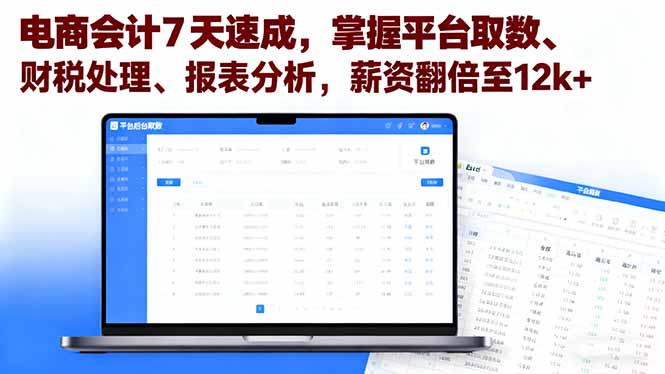 （11262期）电商会计7天速成，掌握平台取数、财税处理、报表分析，薪资翻倍至12k+